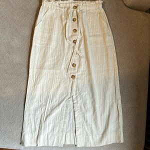 Cotton On paperbag waist, button down midi linen blend skirt, cream & white Sz M